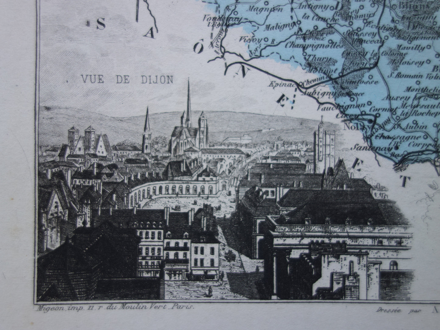 Oude kaart van Côte-d'Or departement in Frankrijk uit 1882 originele antieke handgekleurde landkaart Dijon Beaune vintage print