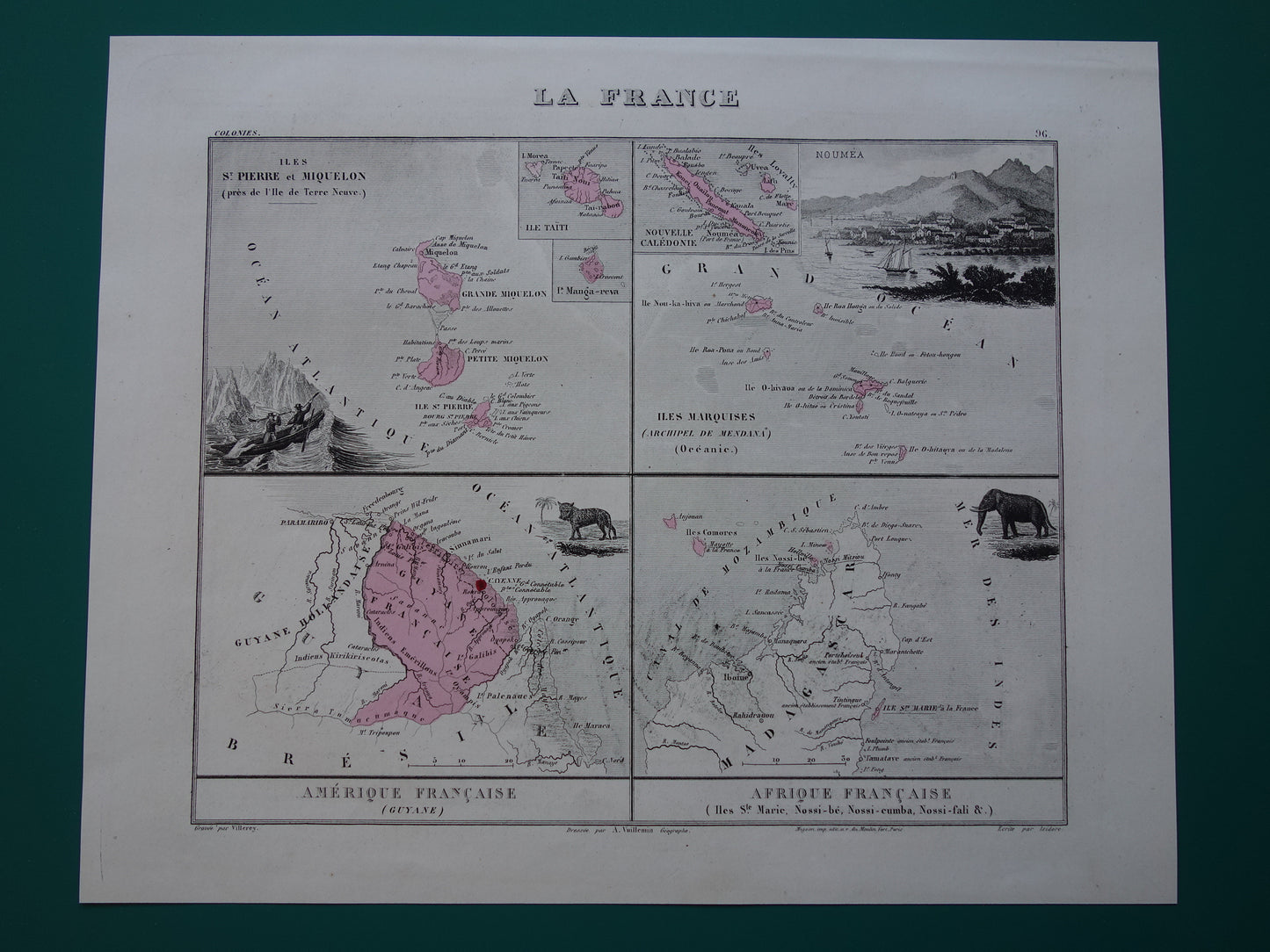 Oude kaarten van Saint-Pierre en Miquelon Frans-Guyana Marquesas Eilanden uit 1883 Originele antieke landkaart
