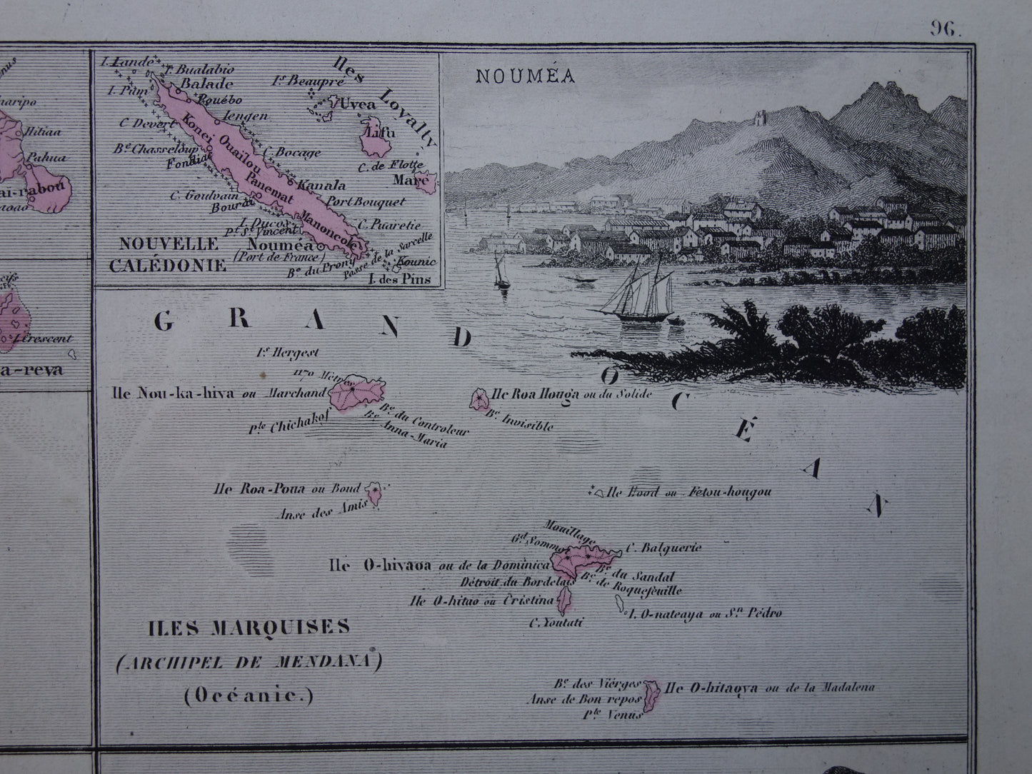 Oude kaarten van Saint-Pierre en Miquelon Frans-Guyana Marquesas Eilanden uit 1883 Originele antieke landkaart