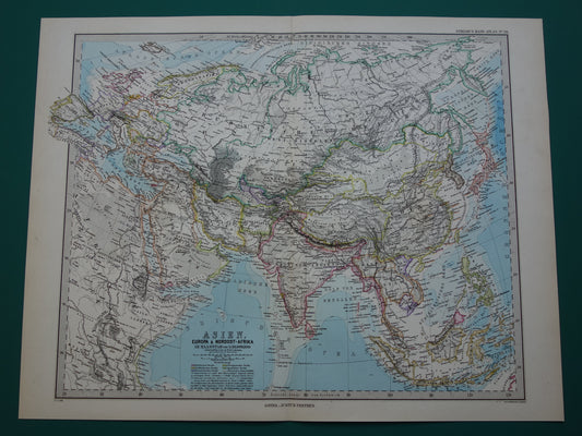 AZIË oude kaart van Azië in 1885 originele antieke Duitse landkaart China India Indonesië vintage poster