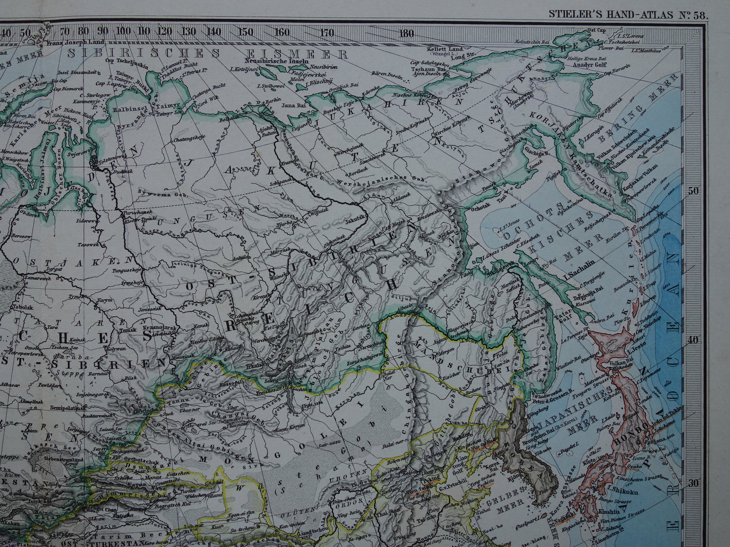AZIË oude kaart van Azië in 1885 originele antieke Duitse landkaart China India Indonesië vintage poster