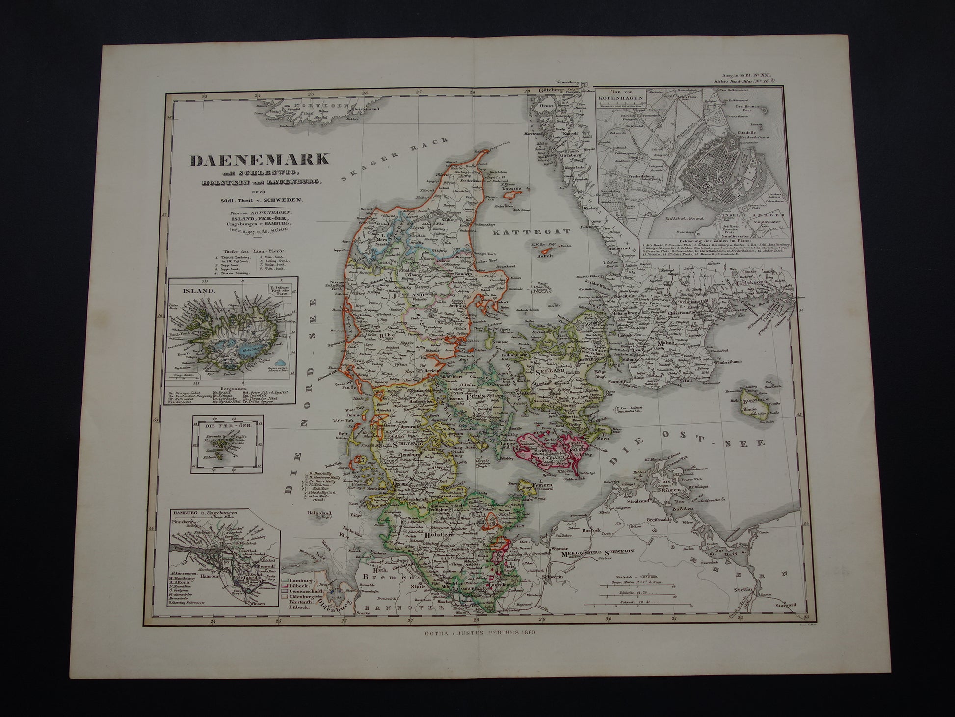DENEMARKEN oude kaart van Denemarken uit 1860 originele antieke landkaart Kopenhagen vintage met jaartal