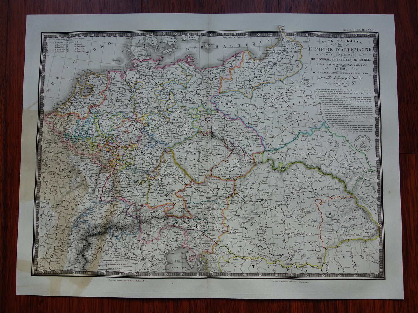 DUITSLAND grote oude Franse kaart van Duitse Rijk in 1789 beschadigde originele antieke handgekleurde landkaart poster uit 1826