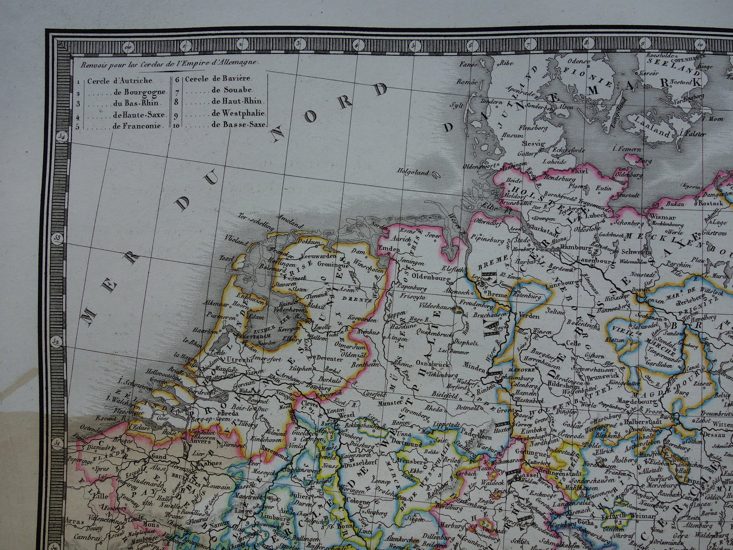 DUITSLAND grote oude Franse kaart van Duitse Rijk in 1789 beschadigde originele antieke handgekleurde landkaart poster uit 1826