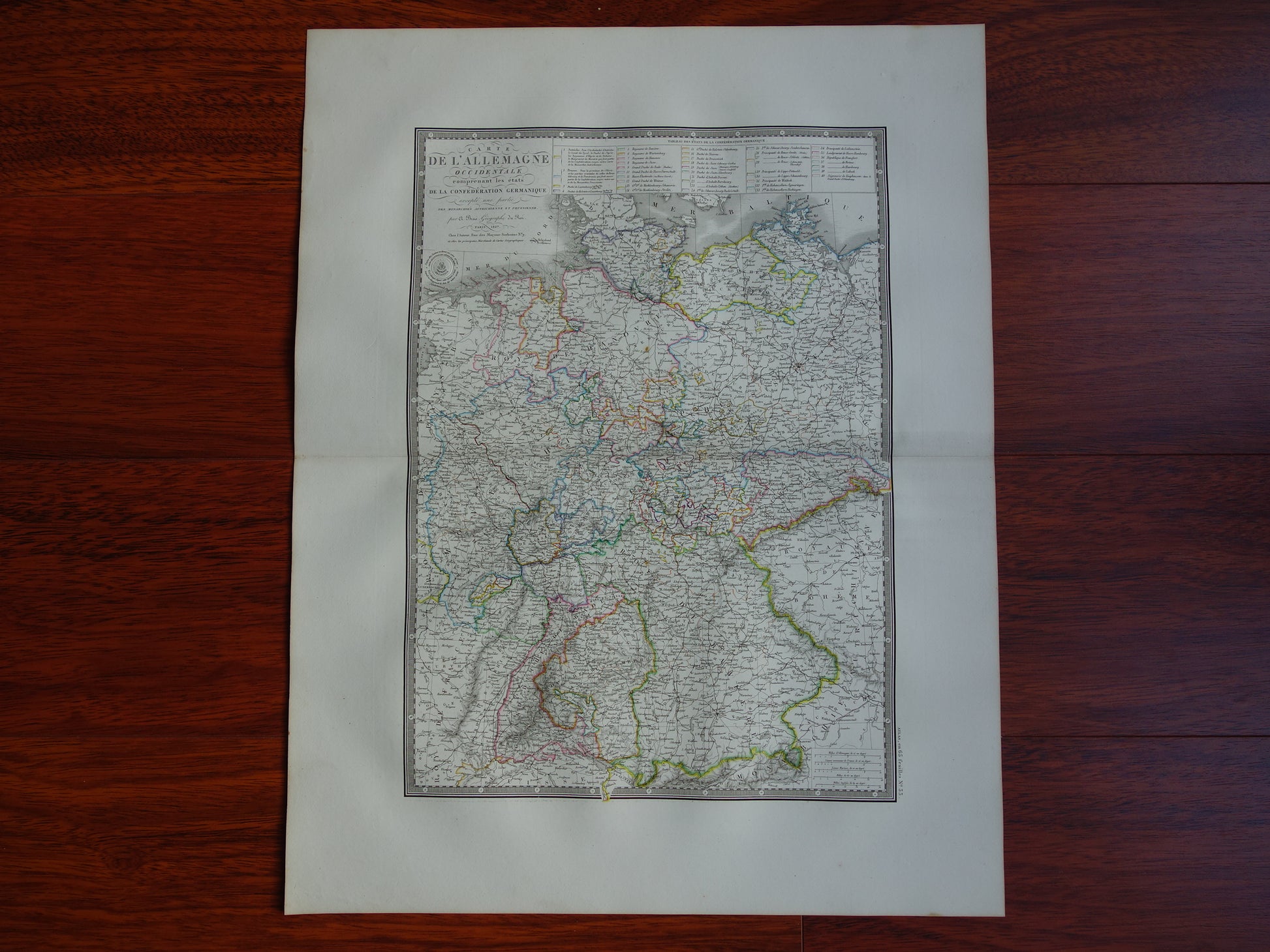 DUITSLAND grote oude Franse kaart van Duitse Bond Confederatie in 1827 originele antieke handgekleurde landkaart poster