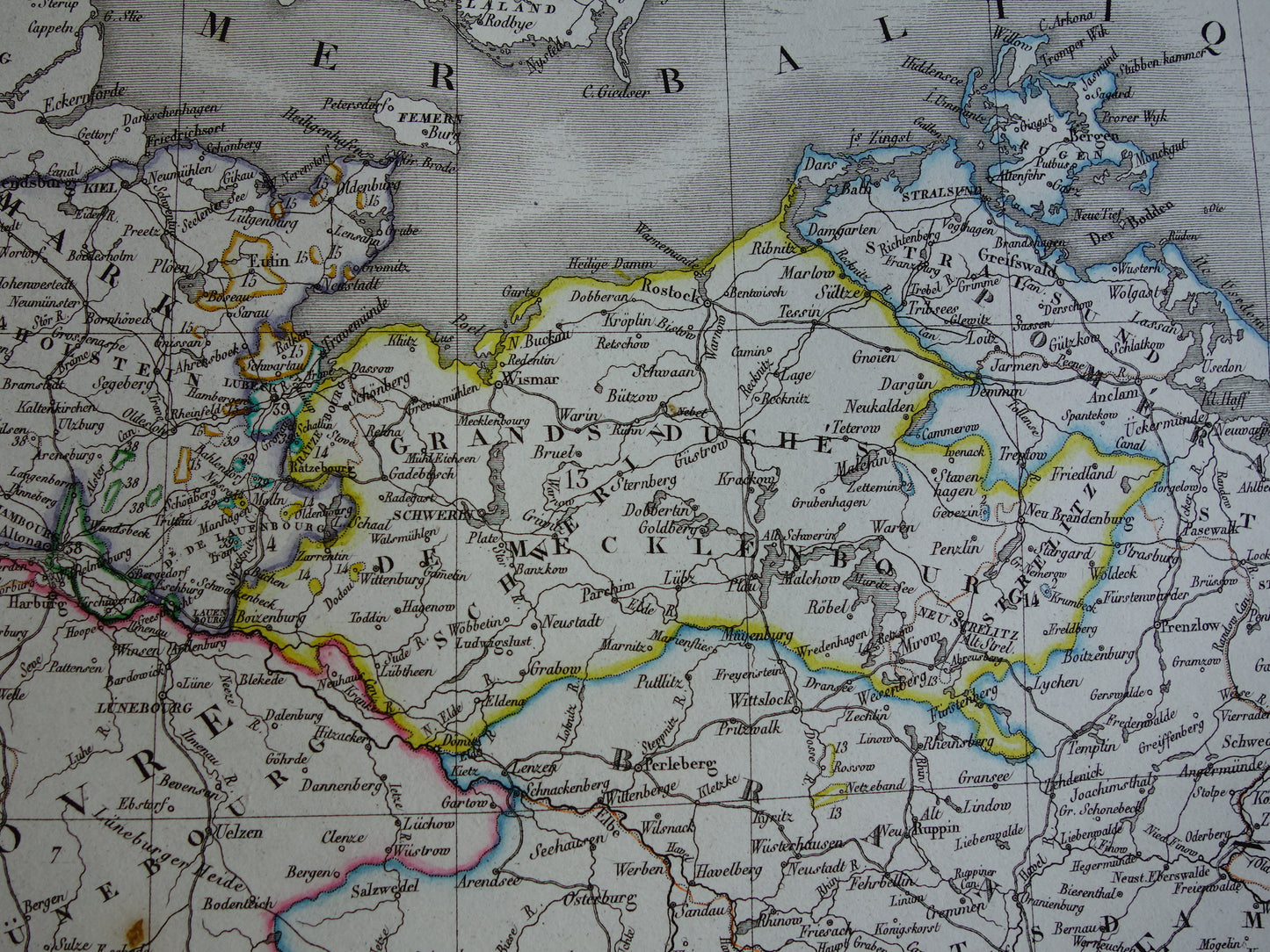 DUITSLAND grote oude Franse kaart van Duitse Bond / Confederatie in 1827 originele antieke handgekleurde landkaart poster