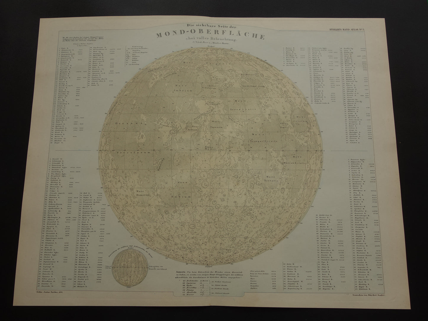 145+ jaar oude kaart van de Maan originele antieke poster zichtbare zijde van de maan met jaartal 1876 maankaart