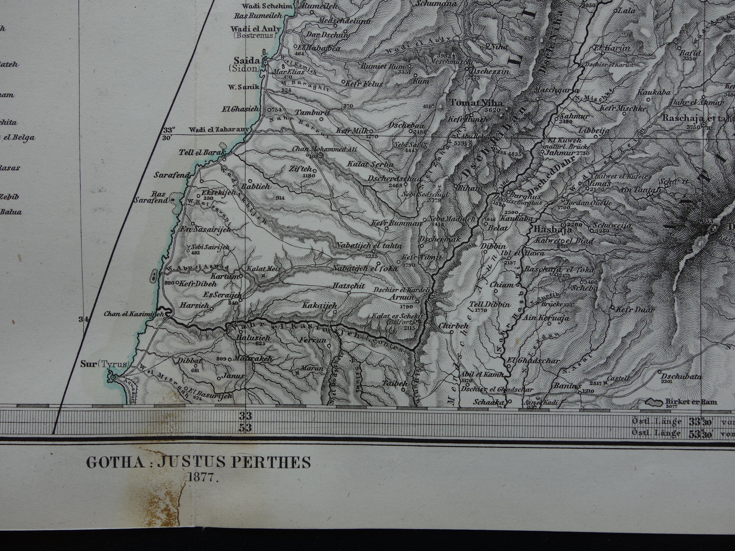 Oude kaart van Israël Libanon Palestina Syrië uit 1877 originele antieke landkaart Jeruzalem Damascus