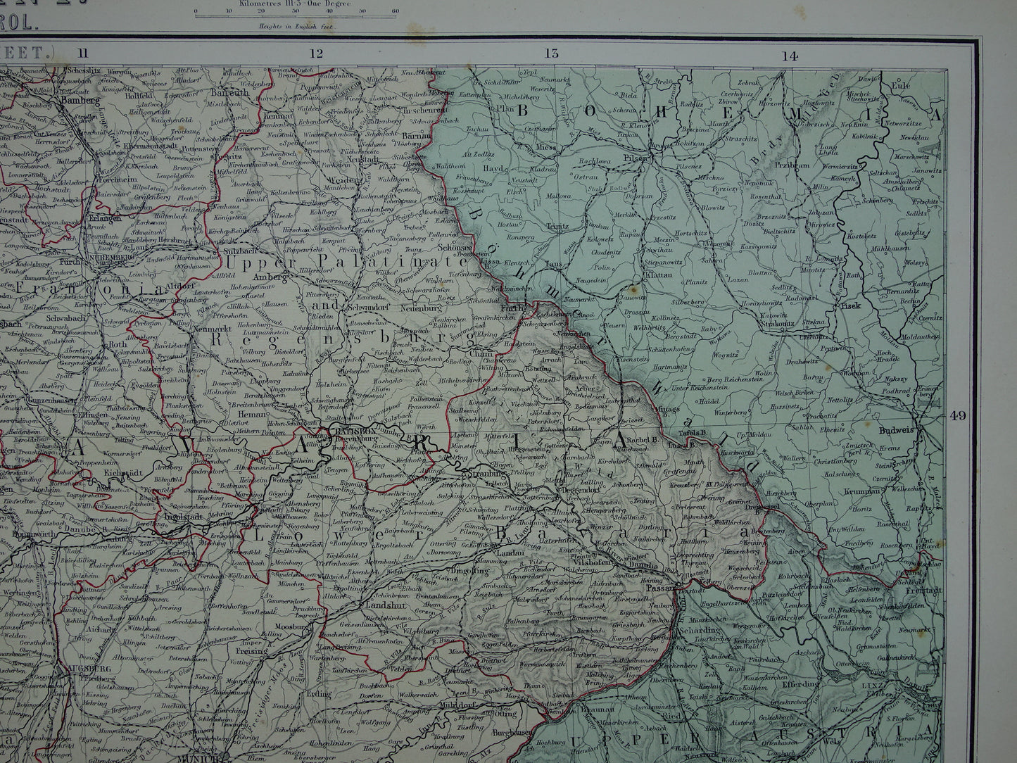 Beieren Duitsland Originele grote oude landkaart van Zuid-Duitsland uit 1890 vintage kaart met Elzas-Lotharingen München
