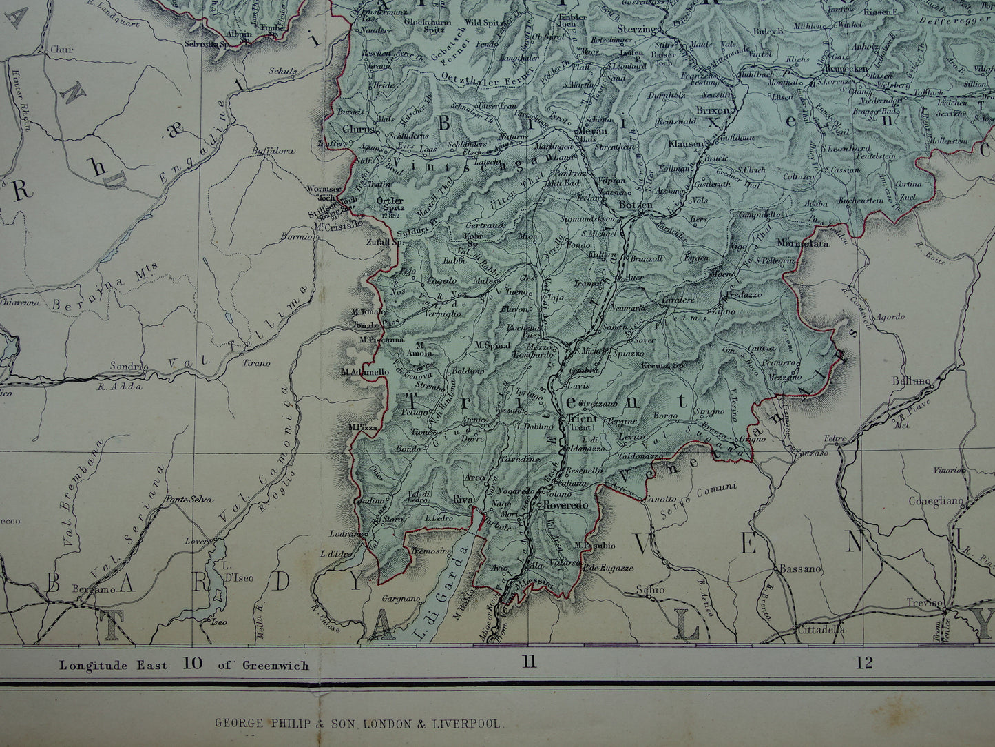 Beieren Duitsland Originele grote oude landkaart van Zuid-Duitsland uit 1890 vintage kaart met Elzas-Lotharingen München
