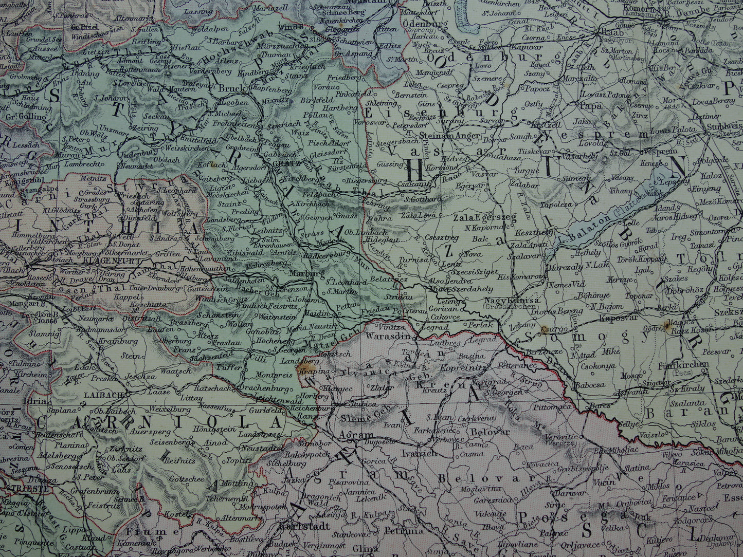 Originele grote oude landkaart van OOSTENRIJK-HONGARIJE uit 1890 vintage kaart met Tsjechië Kroatië Slovenië Transsylvanië Bosnië
