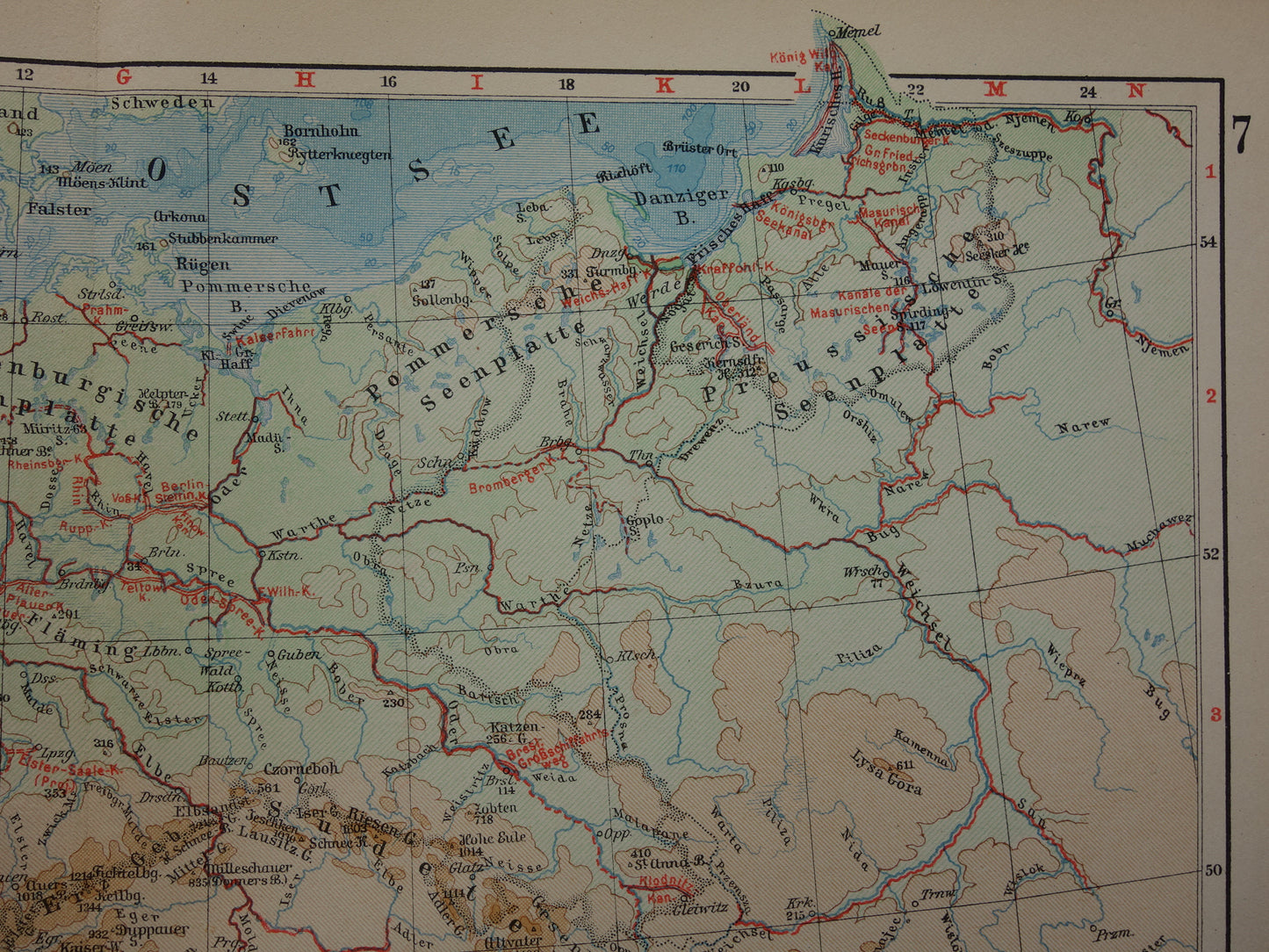 Oude kaart van Centraal Europa en Duitsland uit 1928 originele antieke hoogtekaart Alpen Bergen Rivieren Geologie te koop