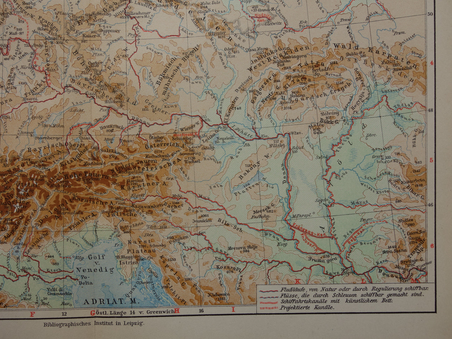 Oude kaart van Centraal Europa en Duitsland uit 1928 originele antieke hoogtekaart Alpen Bergen Rivieren Geologie te koop