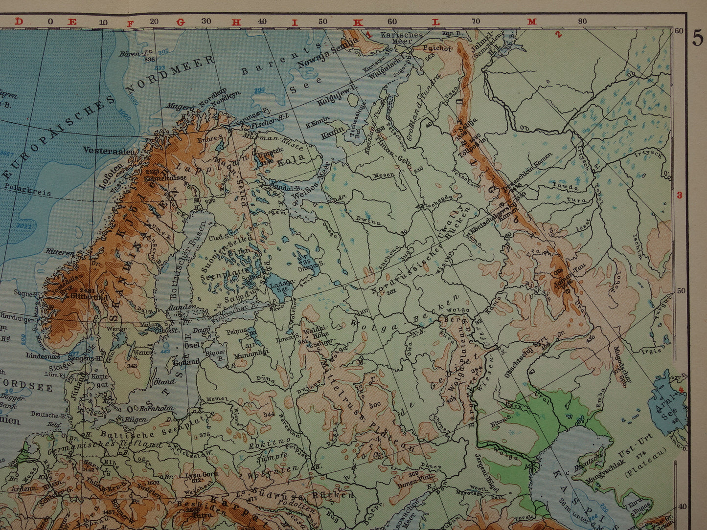 Oude hoogtekaart van Europa uit 1928 originele vintage kaart Alpen Bergen Rivieren Geologie landkaart te koop