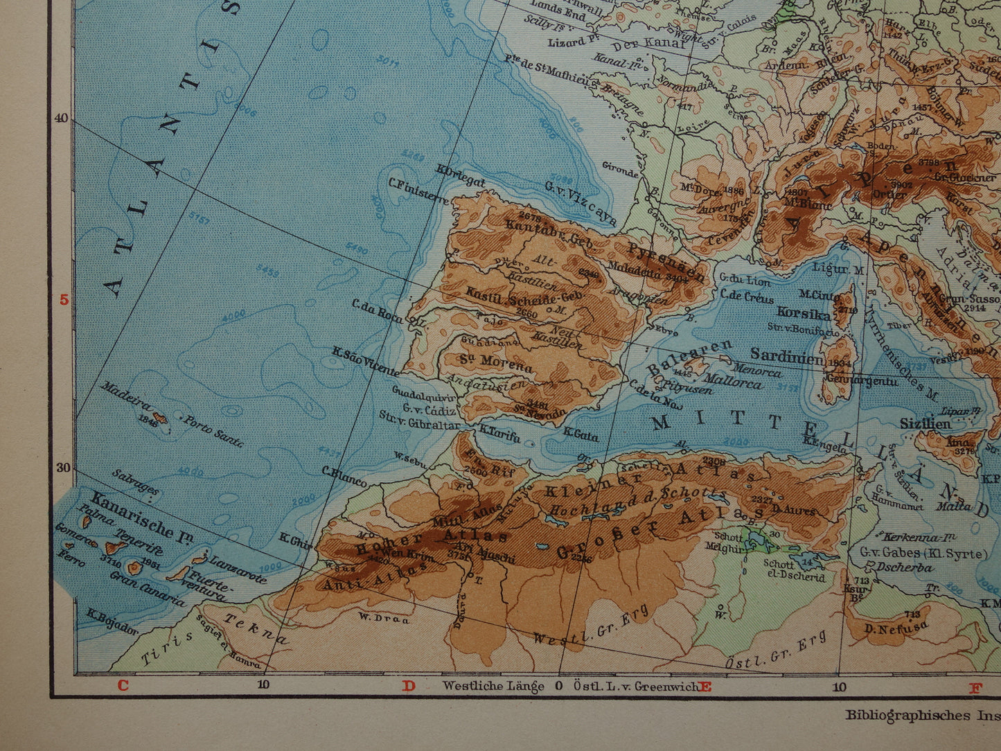 Oude hoogtekaart van Europa 1928 vintage kaart Ber – Oudekaarten.com