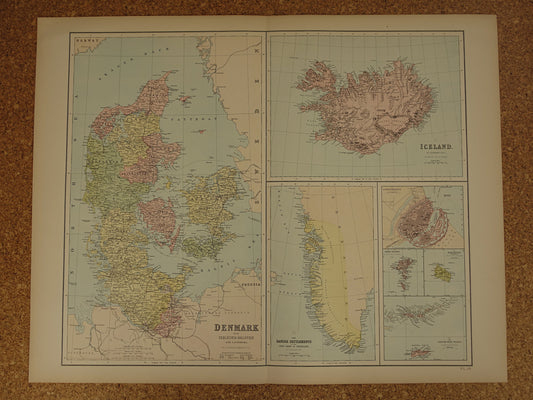 Denemarken grote oude kaart van Denemarken Groenland en Ijsland uit 1878 originele antieke landkaart poster