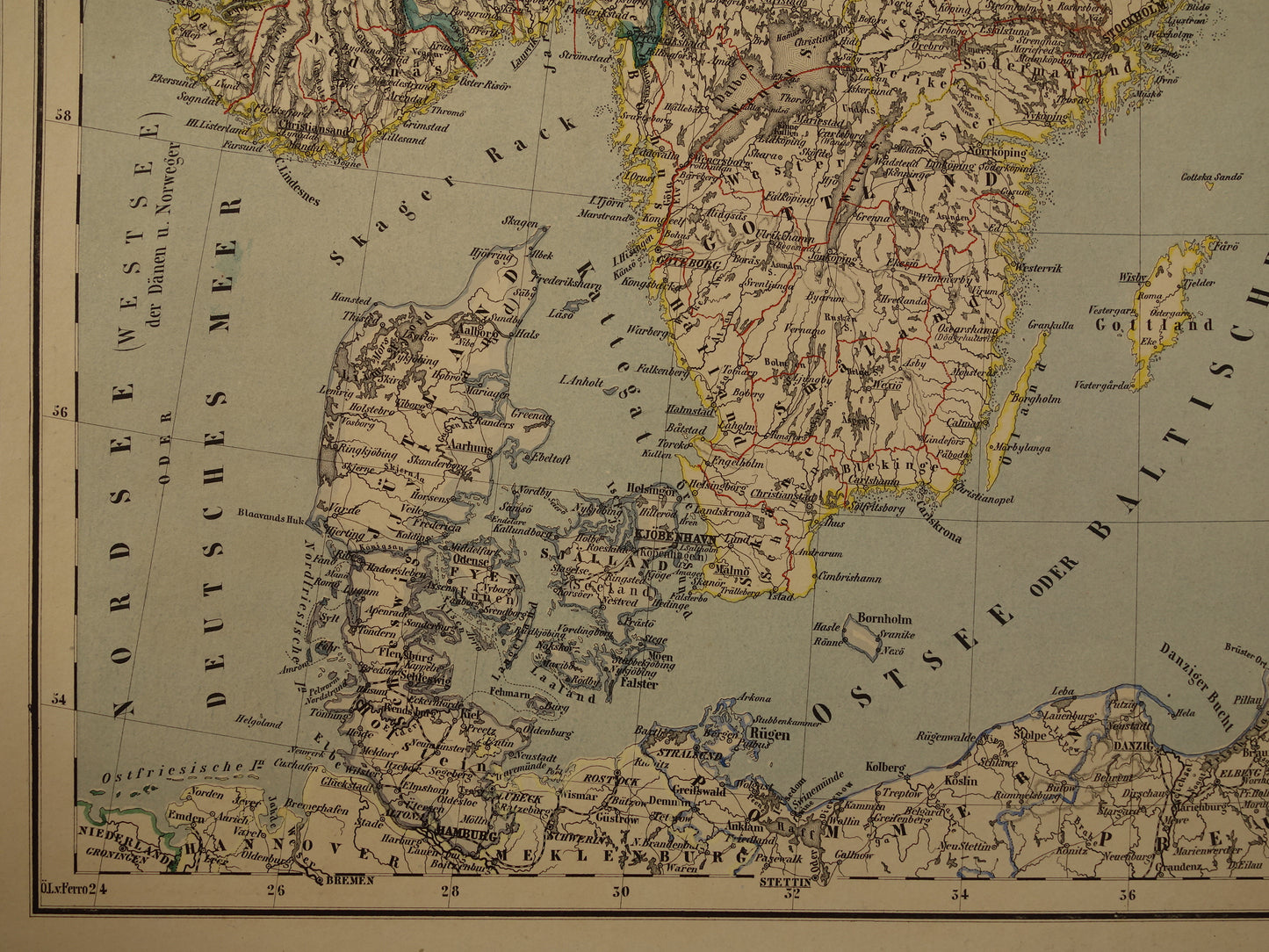 Grote landkaart van Noorwegen Zweden Finland in 1856 originele antieke kaart vintage poster met jaartal van Scandinavië