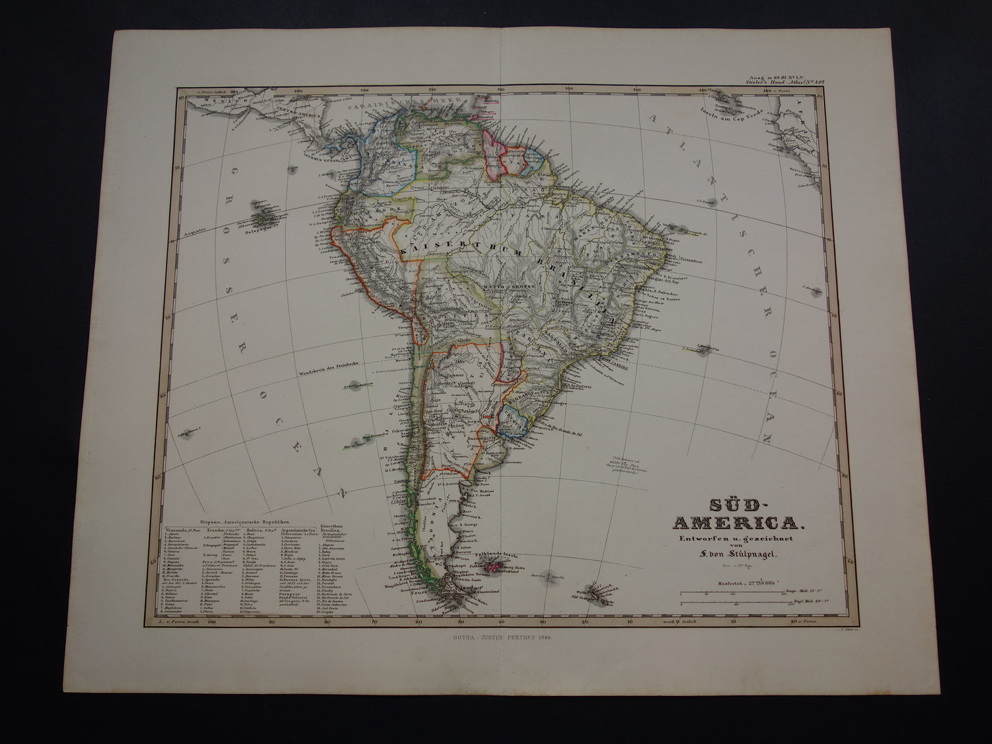ZUID-AMERIKA Oude kaart van Zuid-Amerikaans continent in 1860 originele antieke Duitse handgekleurde landkaart poster Brazilië Patagonië Chili met jaartal