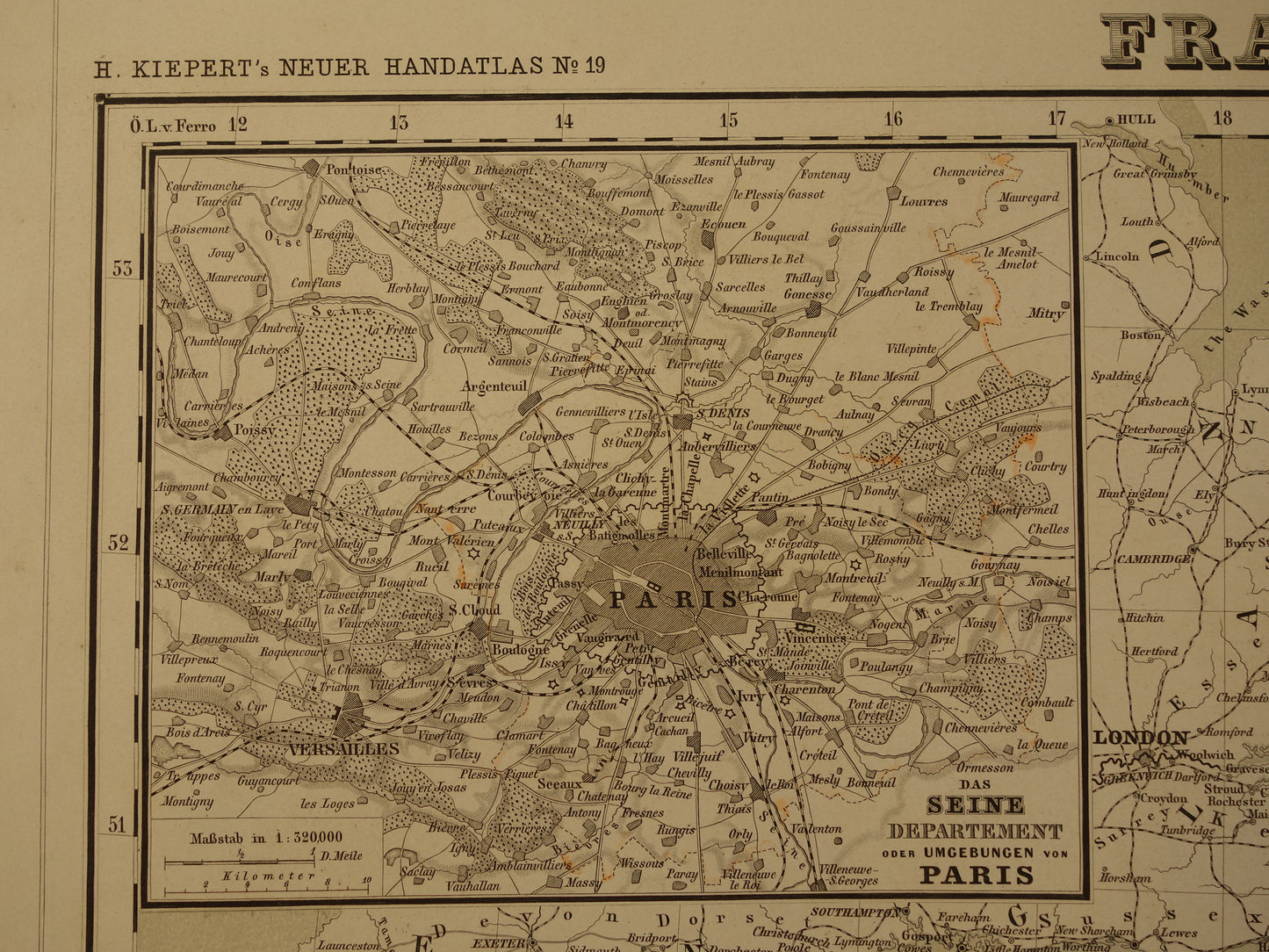 Antieke kaart van Frankrijk in 1856 originele oude landkaart poster met jaartal/datum Parijs groot formaat