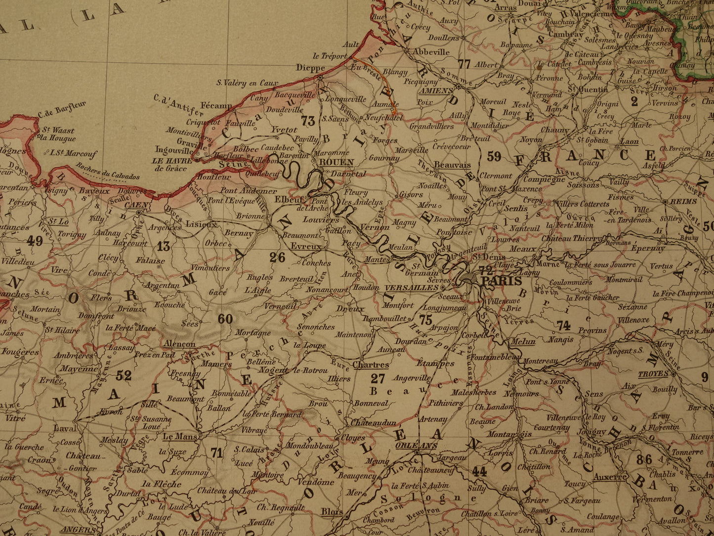 Antieke kaart van Frankrijk in 1856 originele oude landkaart poster met jaartal/datum Parijs groot formaat