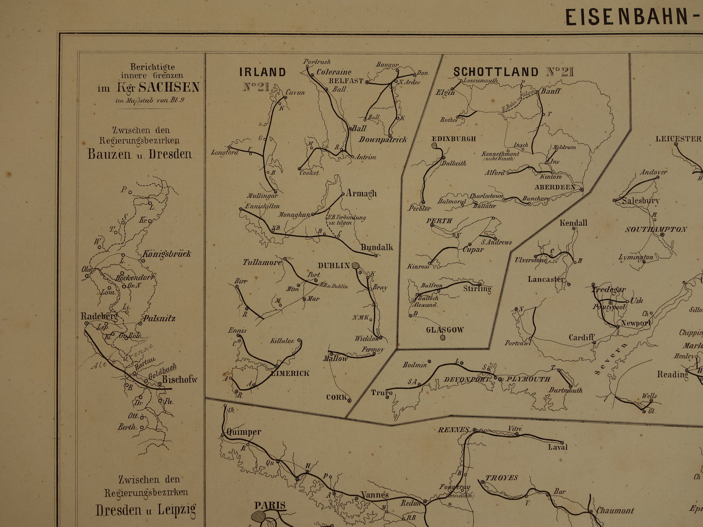 Antieke kaart uit 1860 van 'recente' spoorwegen spoorlijnen in Europa Nederland originele 160+ jaar oude landkaart spoorkaart Rotterdam-Utrecht