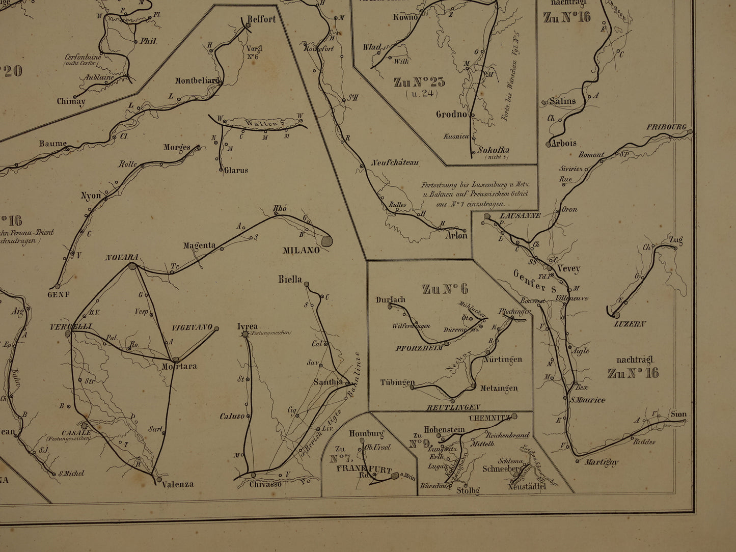 Antieke kaart uit 1860 van 'recente' spoorwegen spoorlijnen in Europa Nederland originele 160+ jaar oude landkaart spoorkaart Rotterdam-Utrecht