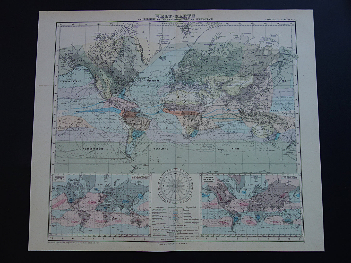 WERELDKAART grote oude kaart van de Wereld Wind en Regen Neerslag 1886 originele antieke landkaart metereologie klimaat met datum
