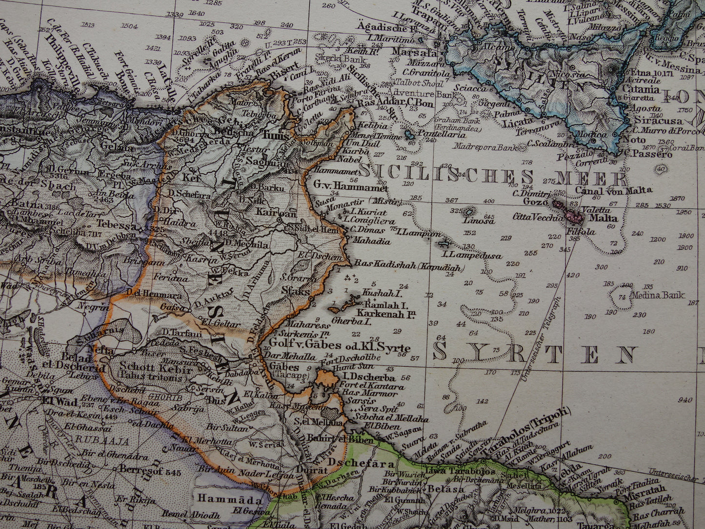 Noord-Afrika oude landkaart van westelijk deel Middellandse Zeegebied uit 1877 originele antieke Duitse kaart van Marokko Algerije Italië Spanje