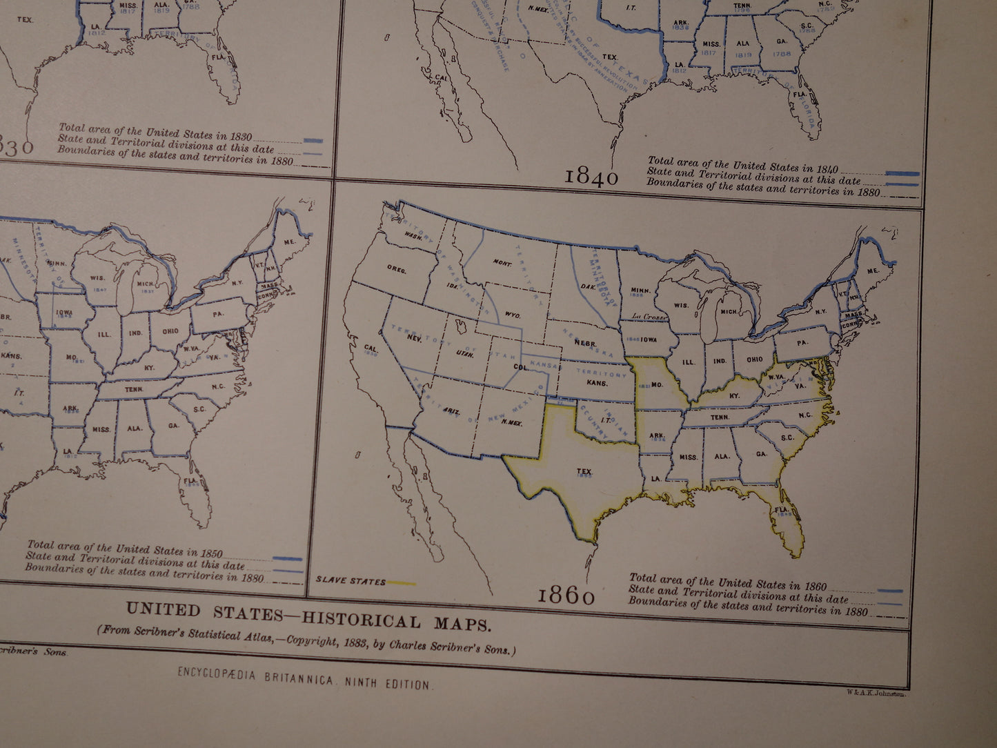 VERENIGDE STATEN Antieke kaarten over de ontstaansgeschiedenis van de VS 1888 originele oude geschiedenis print/poster ontstaan en uitbreiding VS tussen 1776 en 1860VS