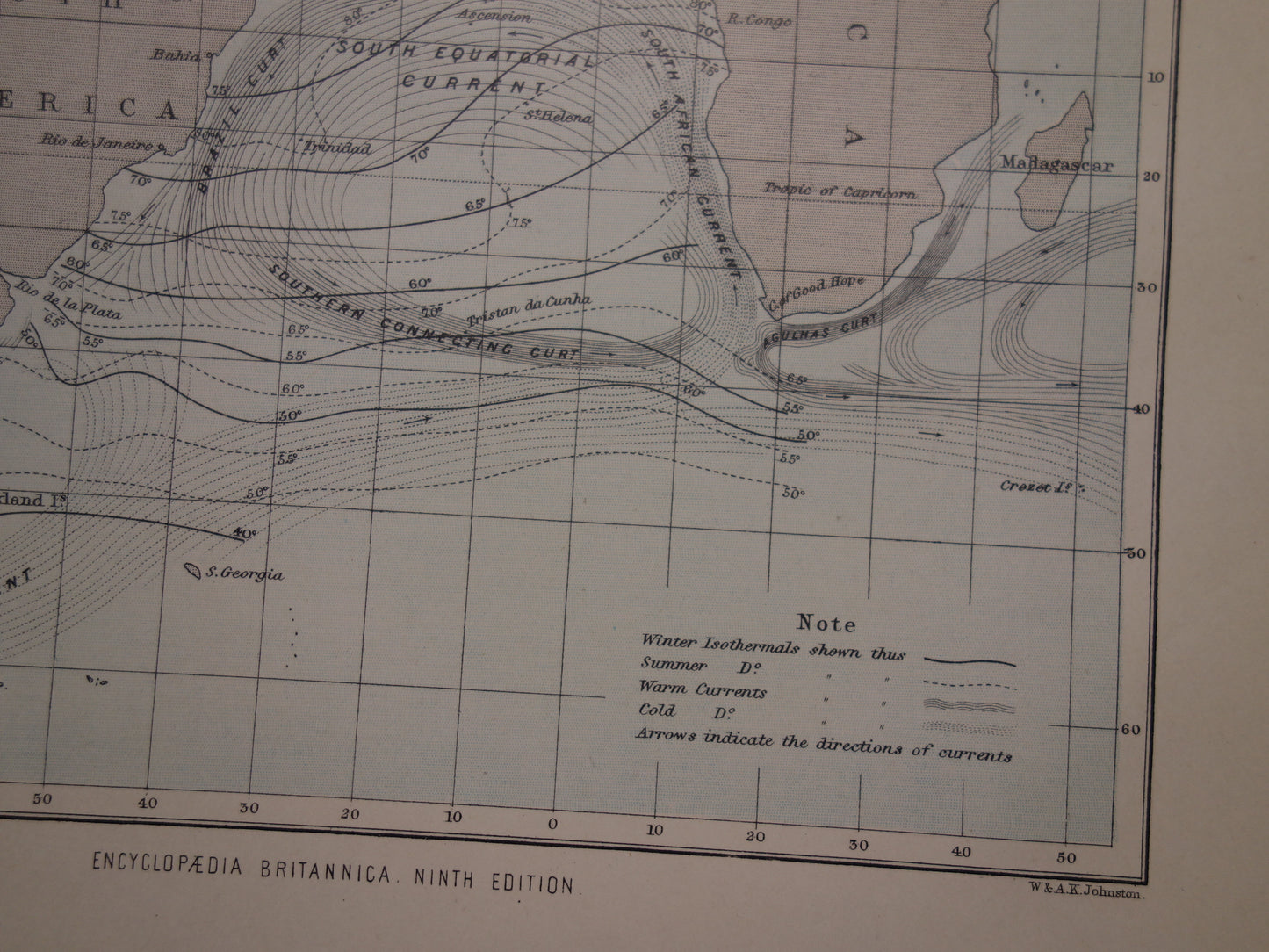 Oude kaart van de Atlantische Oceaan Originele 140+ jaar oude antieke Engelse landkaart