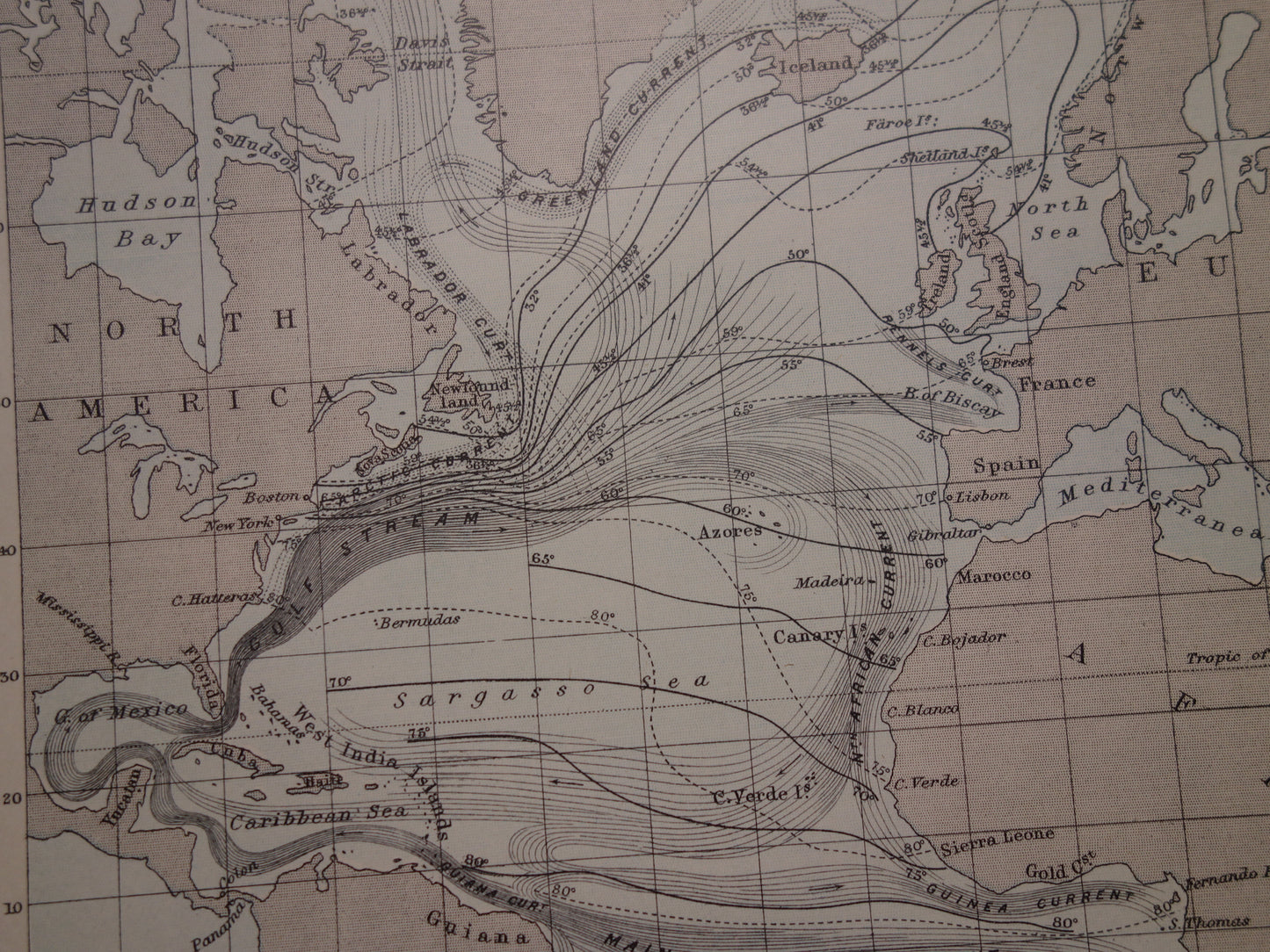 Oude kaart van de Atlantische Oceaan Originele 140+ jaar oude antieke Engelse landkaart