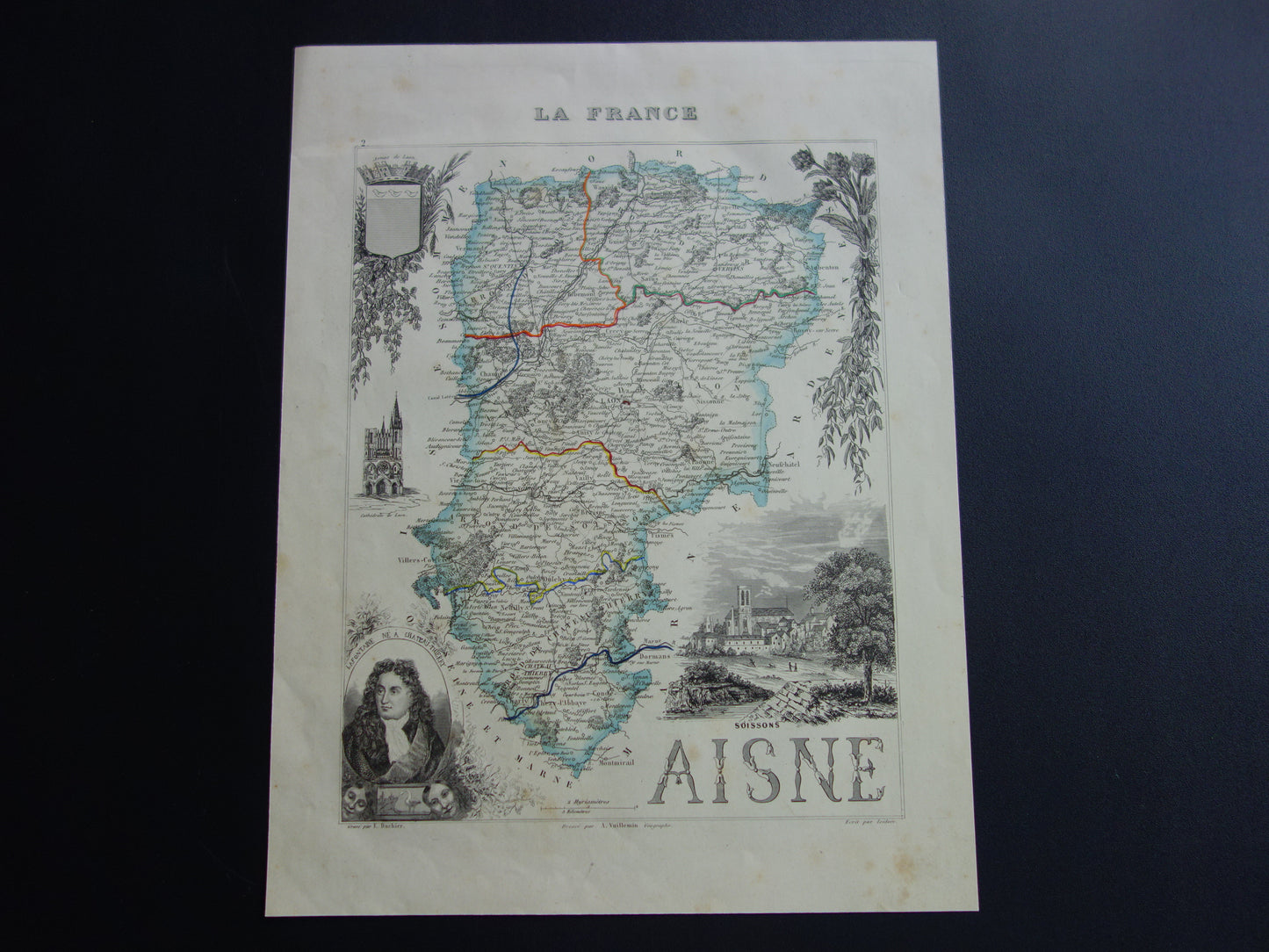 Oude kaart van AISNE departement in Frankrijk uit 1851 originele antieke handgekleurde landkaart Laon Soissons Saint-Quentin