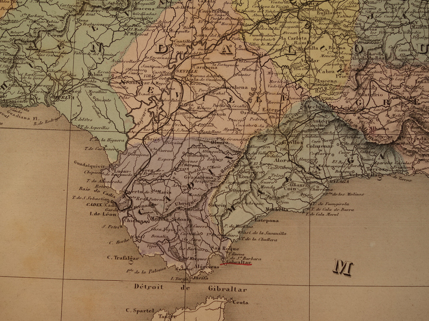 Grote oude landkaart van Spanje en Portugal uit 1880 Zeer mooie handgekleurde Franse antieke kaart Originele vintage kaarten