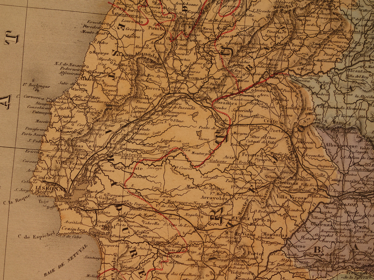 Grote oude landkaart van Spanje en Portugal uit 1880 Zeer mooie handgekleurde Franse antieke kaart Originele vintage kaarten