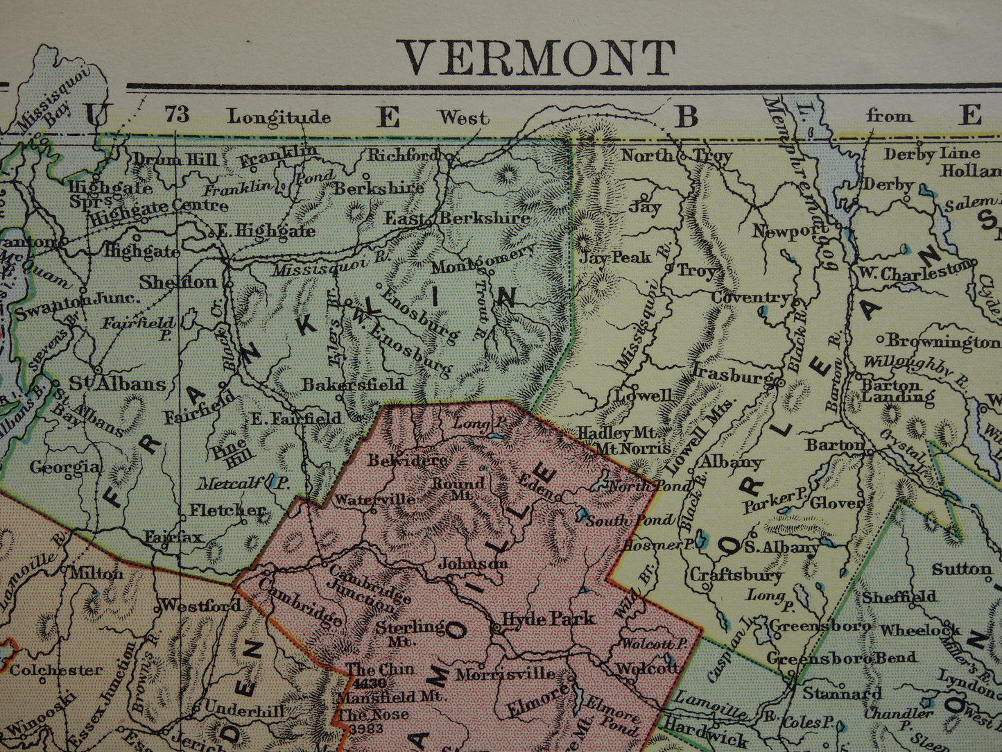 VERMONT Antieke landkaart van de staat Vermont 1888 originele oude kaart Montpelier Burlington Colchester VS te koop