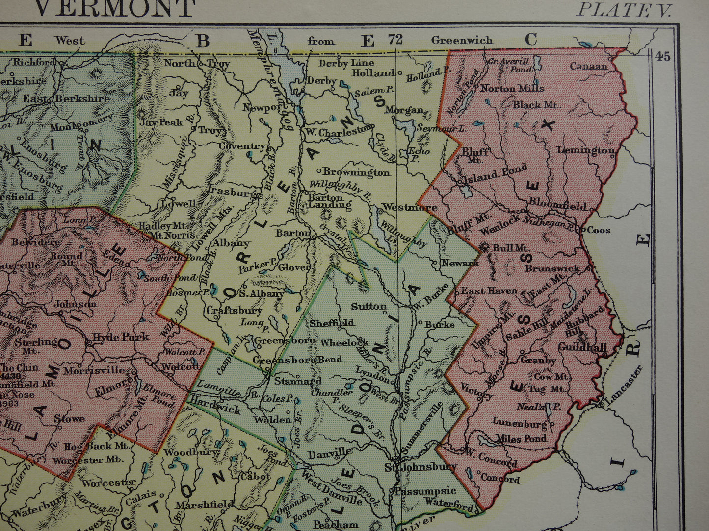 VERMONT Antieke landkaart van de staat Vermont 1888 originele oude kaart Montpelier Burlington Colchester VS te koop