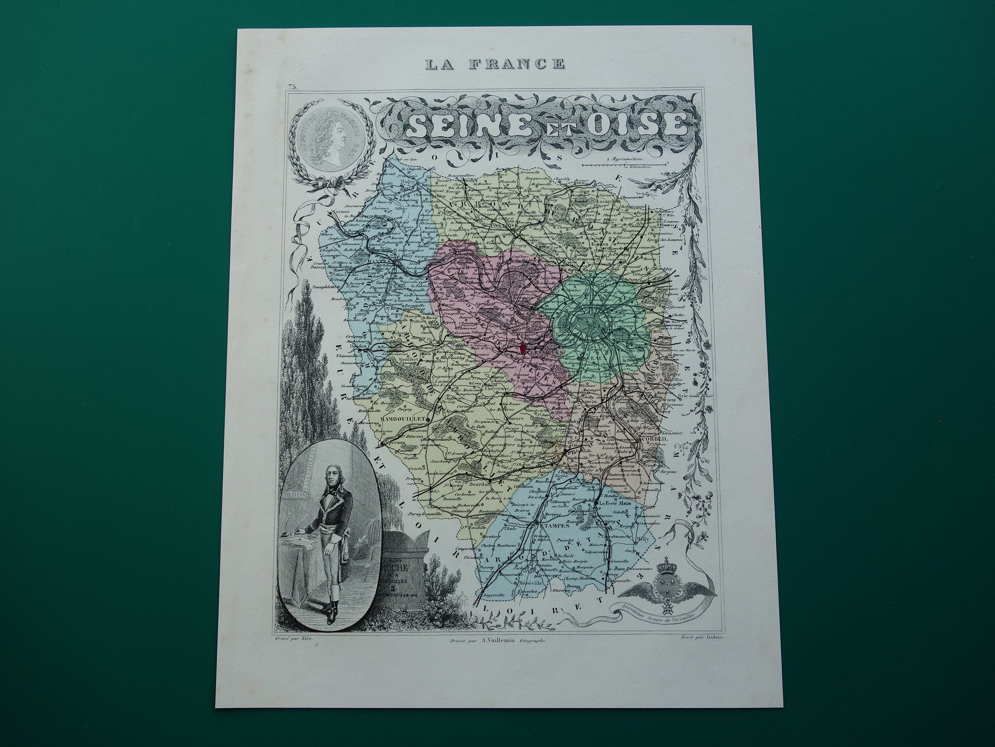 Kaart van regio Parijs en Versailles uit 1872 originele antieke oude handgekleurde landkaart Seine-et-Oise departement