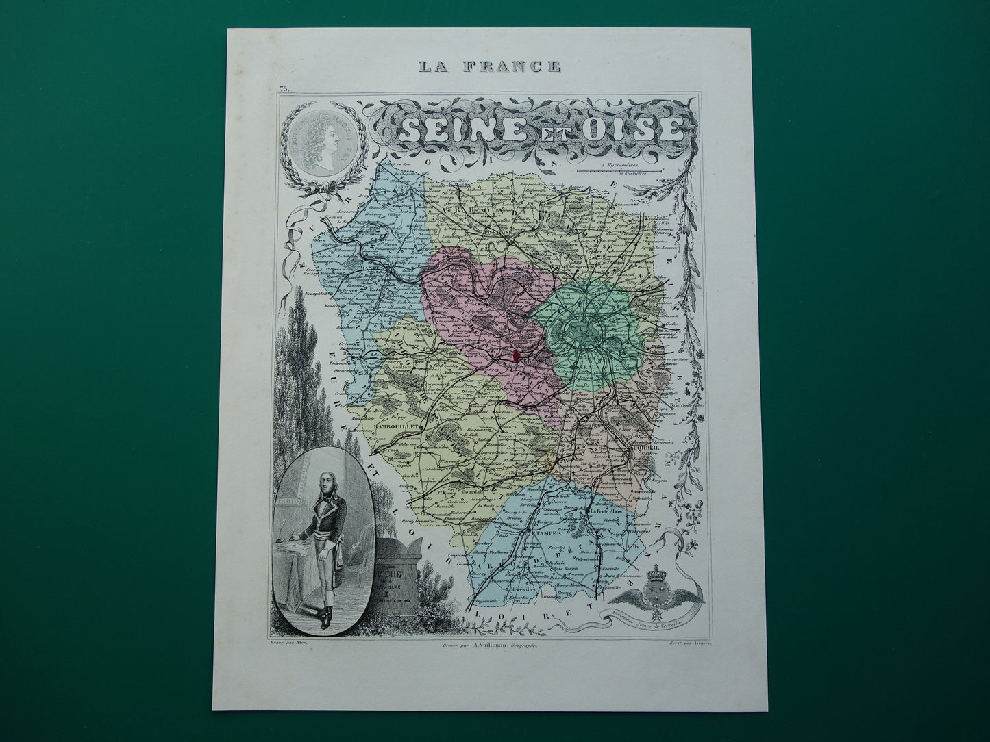 Kaart van regio Parijs en Versailles uit 1872 originele antieke oude handgekleurde landkaart Seine-et-Oise departement
