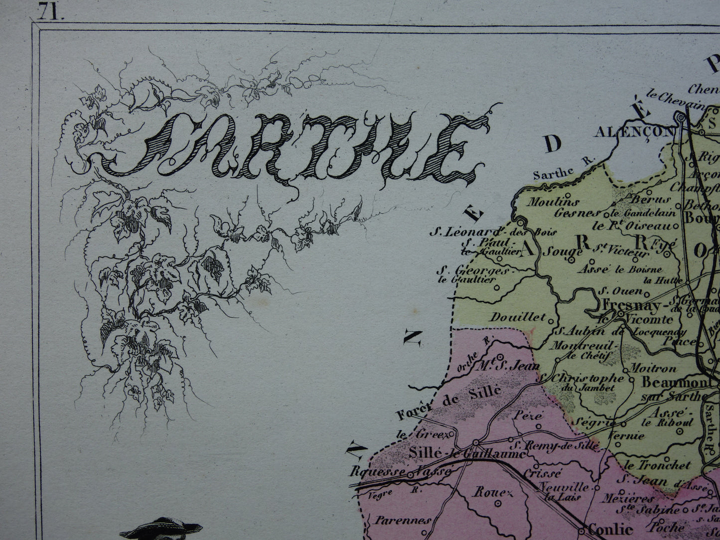 Kaart van Sarthe departement in Frankrijk uit 1872 originele antieke oude handgekleurde landkaart Le Mans
