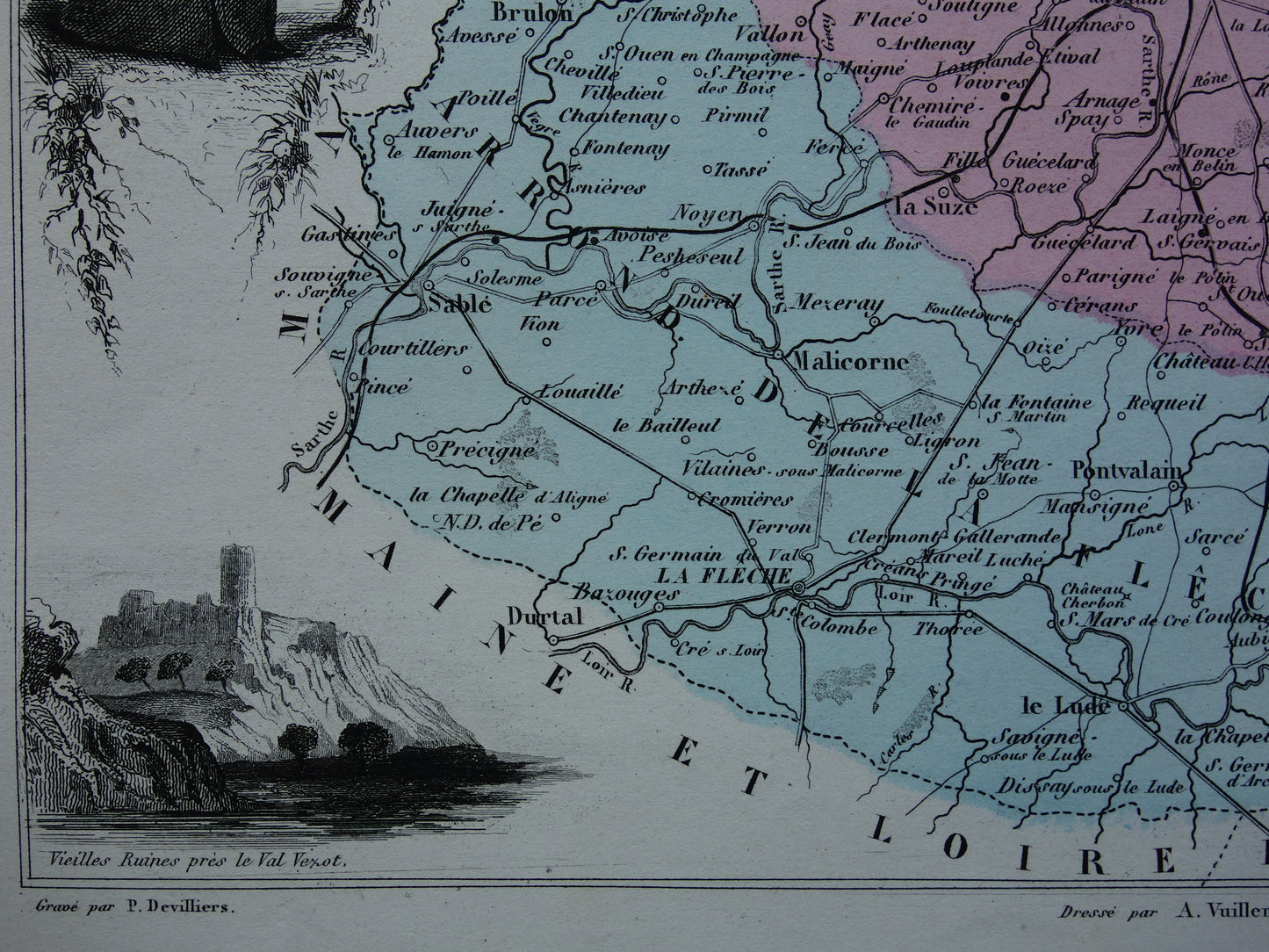 Kaart van Sarthe departement in Frankrijk uit 1872 originele antieke oude handgekleurde landkaart Le Mans