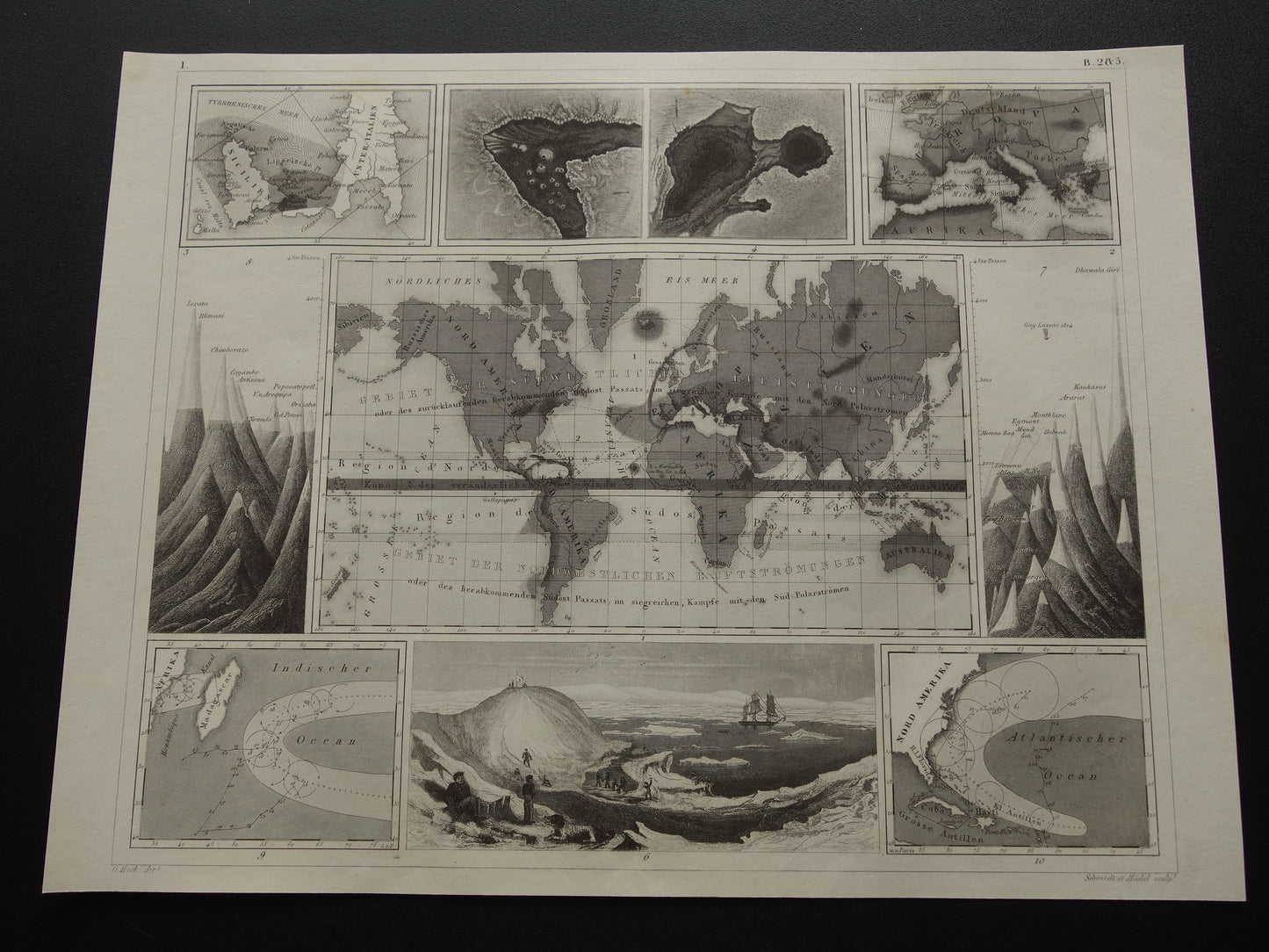 antieke wereldkaart oude kaart vulkanen bergen bergtoppen te koop