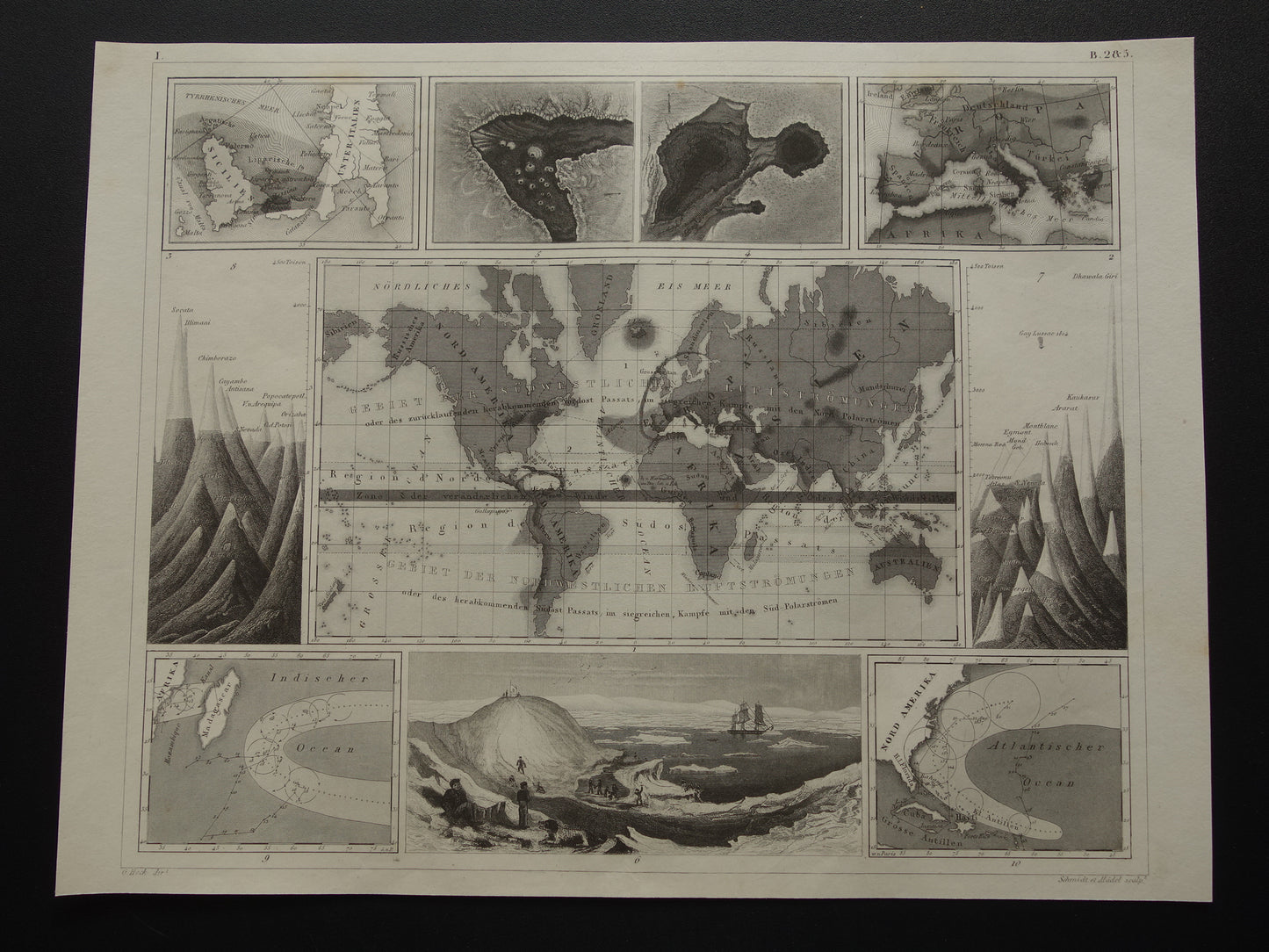 Antieke WERELDKAART oude kaart van de Wereld uit 1849 over vulkanen seismologie bergtoppen bergen