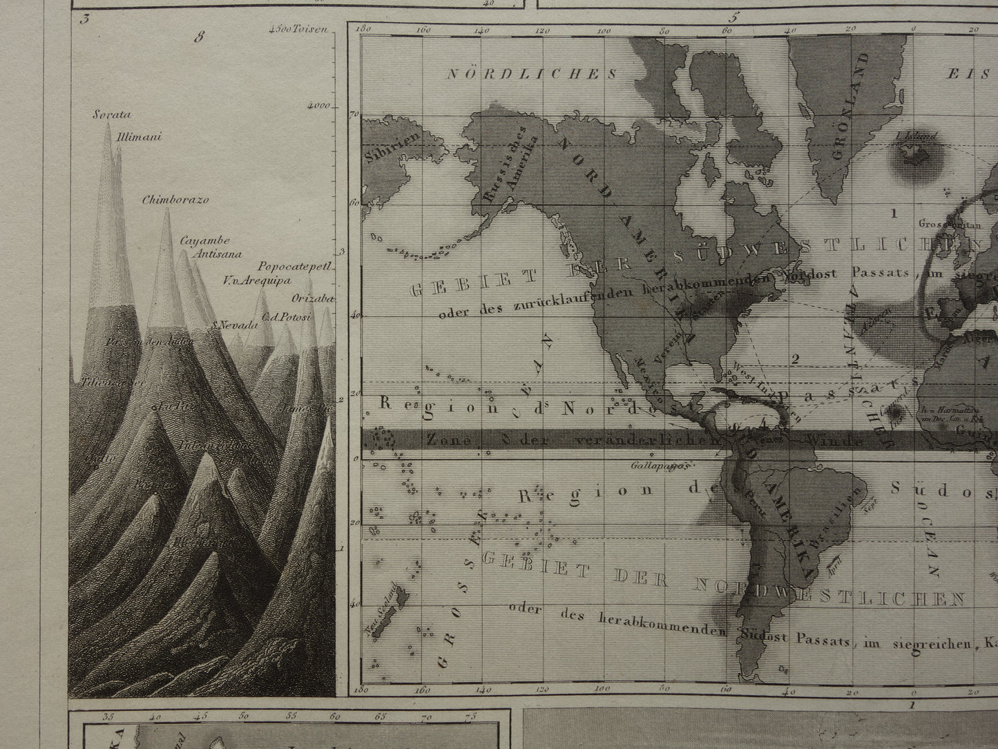 Antieke WERELDKAART oude kaart van de Wereld uit 1849 over vulkanen seismologie bergtoppen bergen