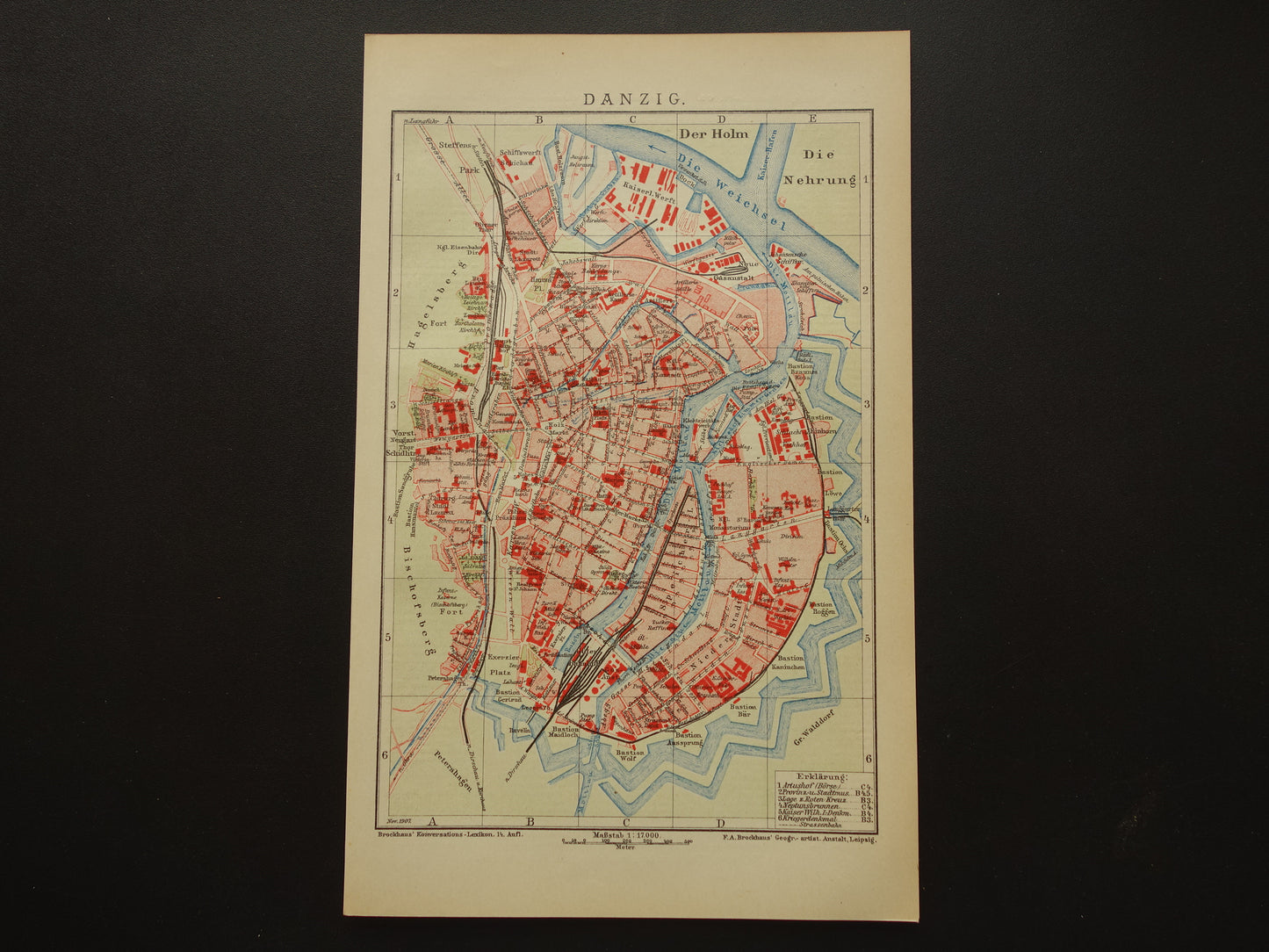 Oude kaart van Gdansk Danzig Polen 1908 originele antieke historische plattegrond Gdańsk vintage kaarten