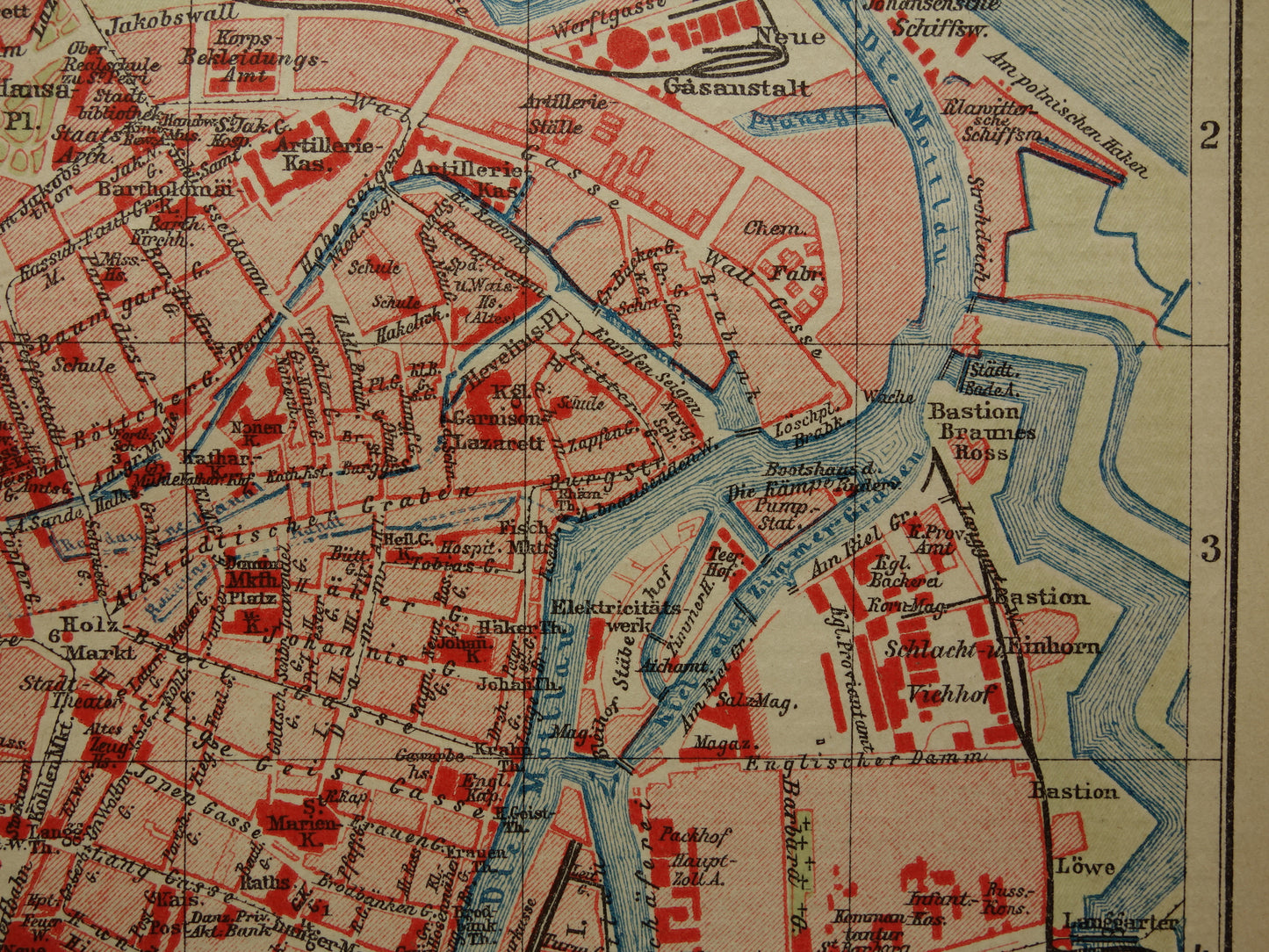 Oude kaart van Gdansk Danzig Polen 1908 originele antieke historische plattegrond Gdańsk vintage kaarten