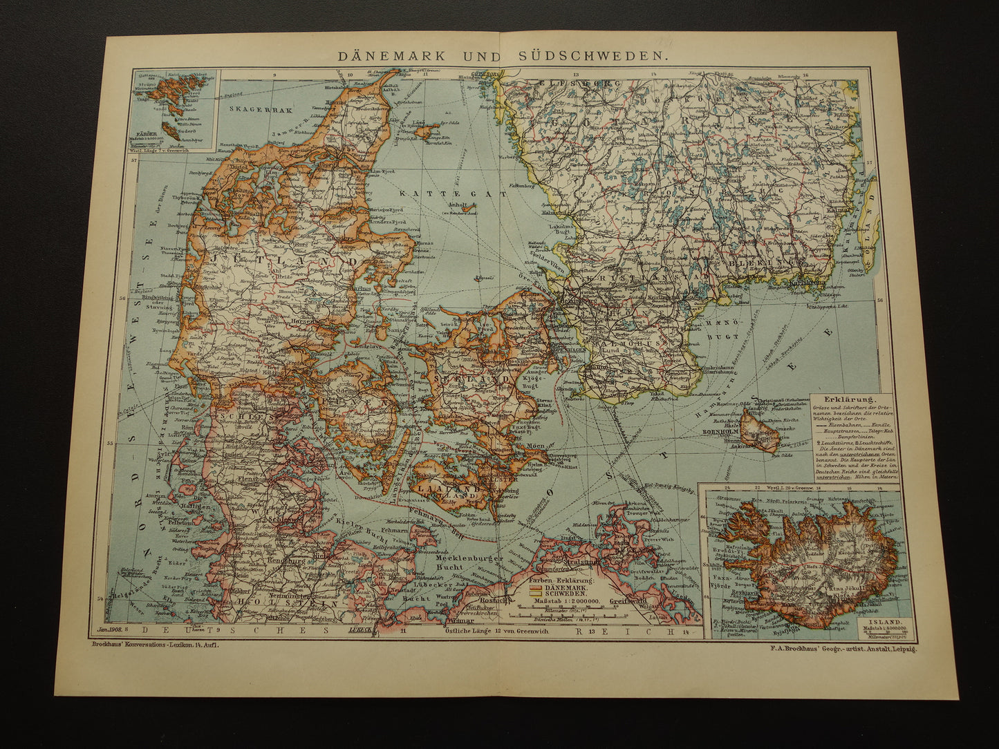 Vintage kaart van Denemarken 1908 originele antieke historische landkaart Denemarken en zuid Zweden