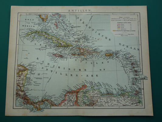 Oude kaart van het Caraïbisch gebied 1888 originele antieke landkaart Caraïben Antillen Caraïbische eilanden te koop Cuba Aruba Curacao