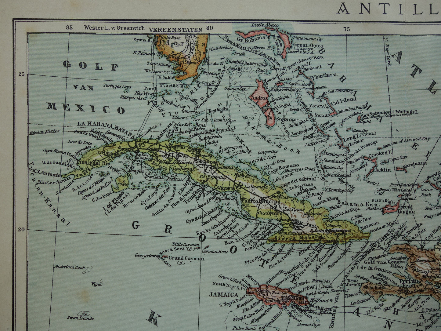Oude kaart van het Caraïbisch gebied 1905 originele antieke landkaart Caraïben Antillen Caraïbische eilanden te koop Cuba Aruba Curacao