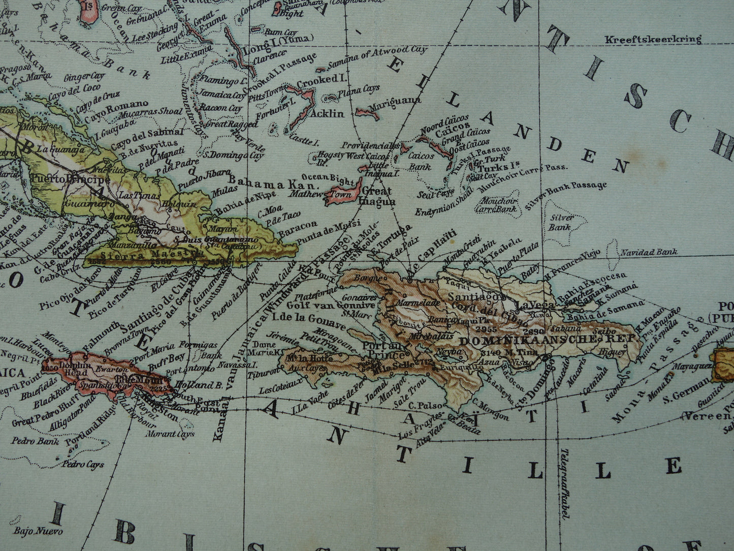 Oude kaart van het Caraïbisch gebied 1905 originele antieke landkaart Caraïben Antillen Caraïbische eilanden te koop Cuba Aruba Curacao