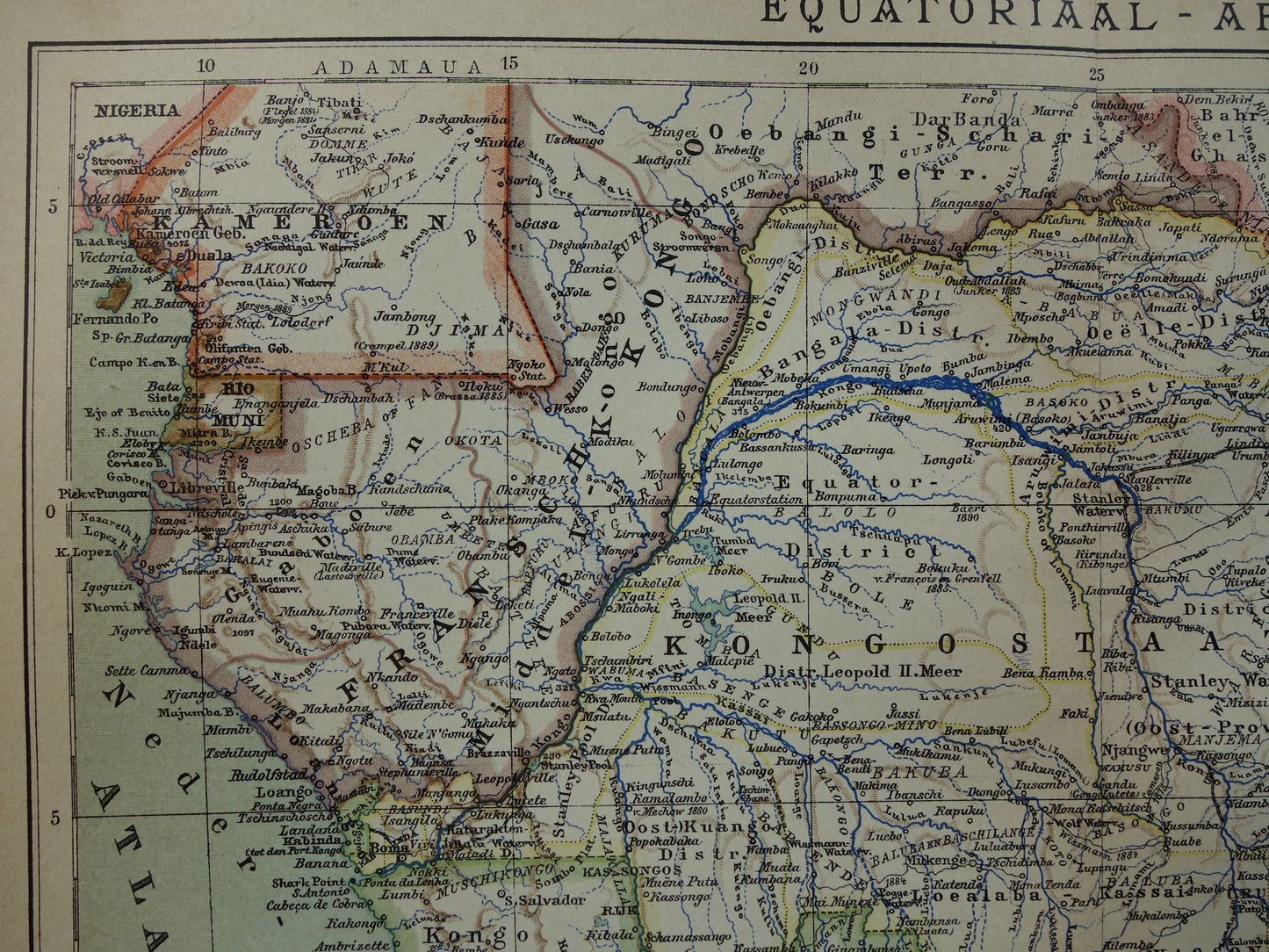 Oude kaart van Centraal Afrika uit 1905 originele landkaart van Midden-Afrika Kongo Angola Tanzania historische vintage print